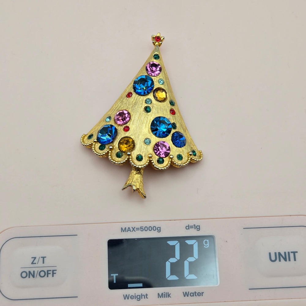 WEISS Vintage Christmas Tree Brooch Rhinestone Gold Tone Holiday Pin As Is - Picture 4 of 12